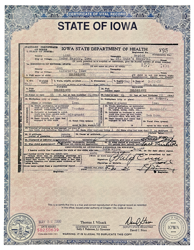Iowa Birth Certificate